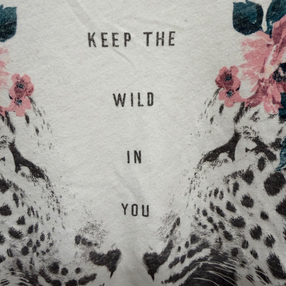 Hollister White‎ Graphic T Shirt Women's Small Leopard Floral Print V Neck Y2K - Picture 2 of 9